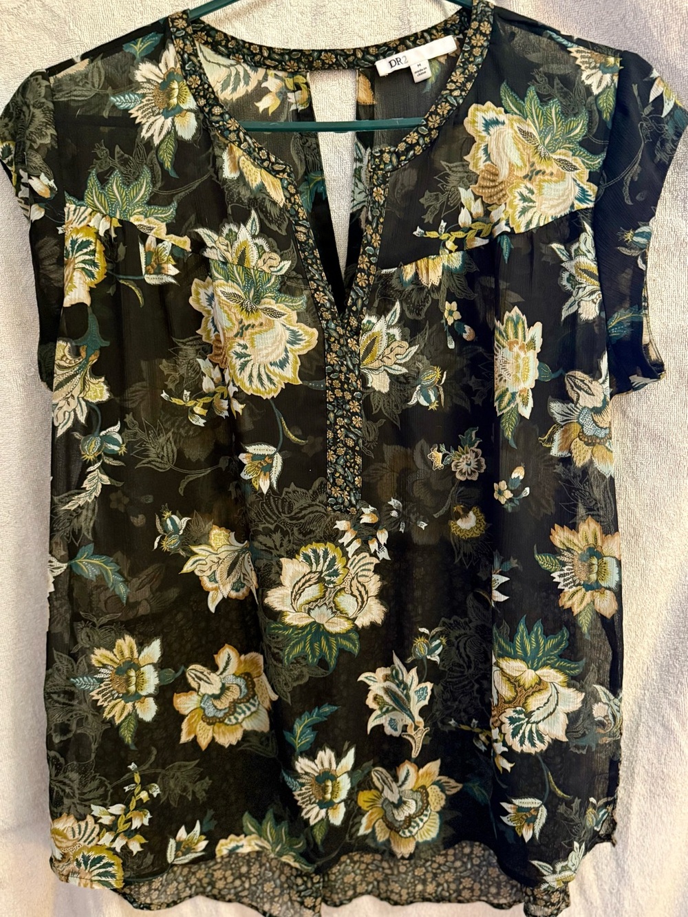 DR2 Black Floral Short-Sleeve V-Neck Blouse with Yellow and Green Accents